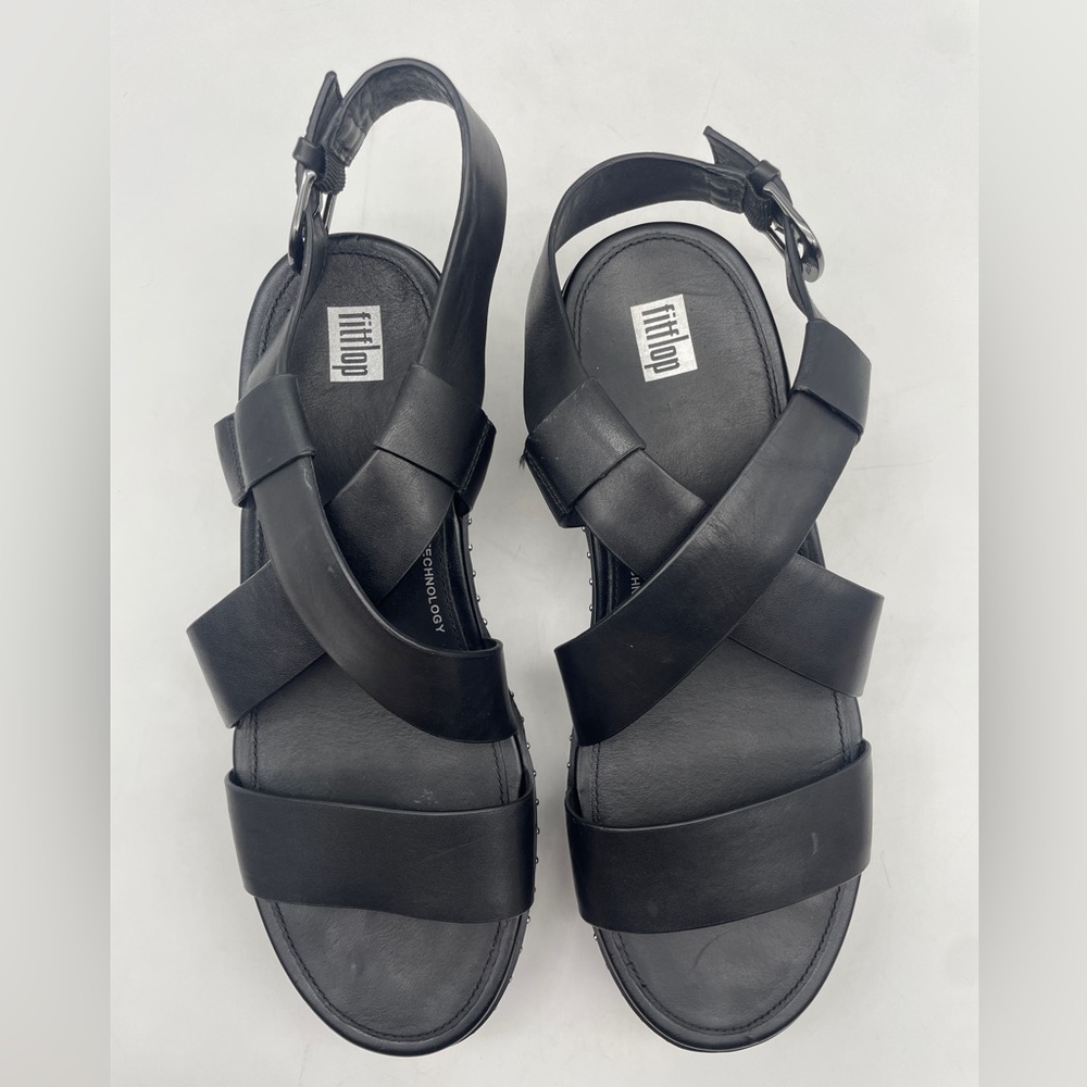Pilar Platform Clogs Fit Flop Back Strap Black Leather Microstudded CUSHX Sz 10 - Picture 6 of 10